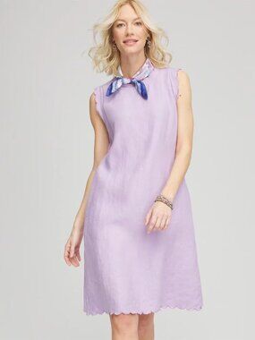 Chicos 100% Linen Sleeveless Scalloped Trim Dress